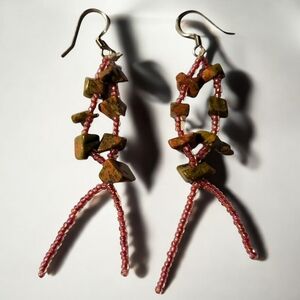 Hand Crafted Fish Hook Wire Pierced Dangle Beaded Gemstone Earrings